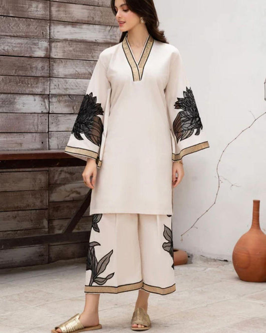 2 Pcs Women's Stitched Linen Embroidered Shirt And Trouser